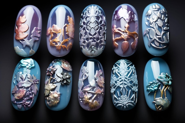 una serie di nail art presenta un disegno sulle unghie