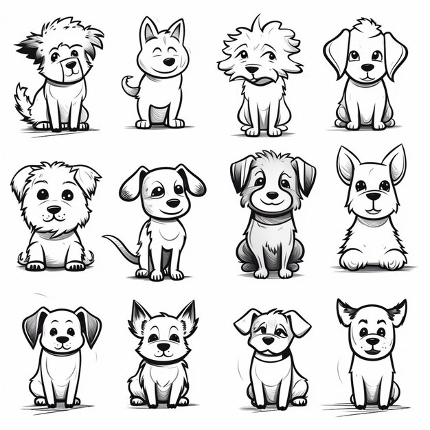 una serie di nove cani dei cartoni animati con diverse espressioni generative ai
