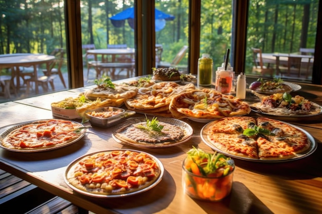 Una serie di pizze alla griglia sul tavolo da picnic del cortile creato con l'AI generativa