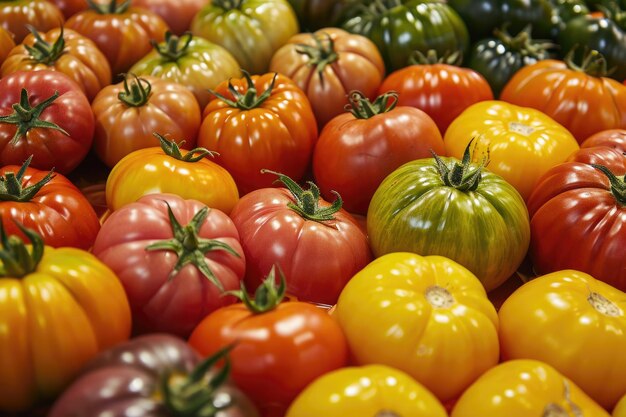 Una serie di pomodori cimelio che mostrano le diverse forme e dimensioni dei colori