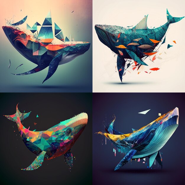 Una serie di quattro immagini di un pesce con un pesce al centro.