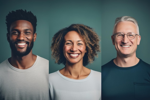 Una serie di ritratti di persone di sesso diverso, razza ed età Uomo e donna sorridenti in abiti casual su sfondo verde