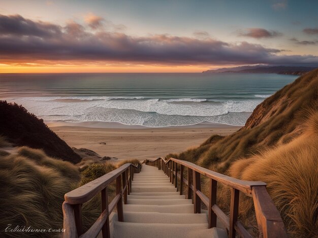 una serie di scale che portano giù alla spiaggia che mostra una spiaggia al tramonto splendido tramonto romantico