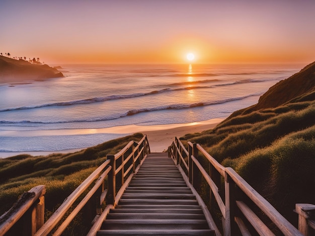 una serie di scale che portano giù alla spiaggia che mostra una spiaggia al tramonto splendido tramonto romantico