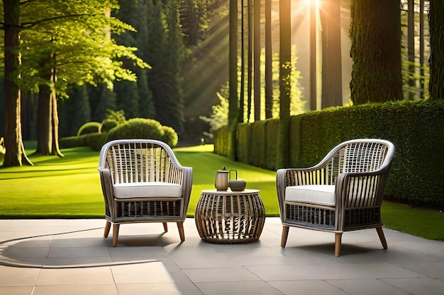 Una serie di sedie in un giardino con un sole che splende attraverso gli alberi.
