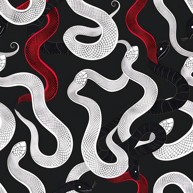 una serie di serpenti bianchi e neri con una coda rossa