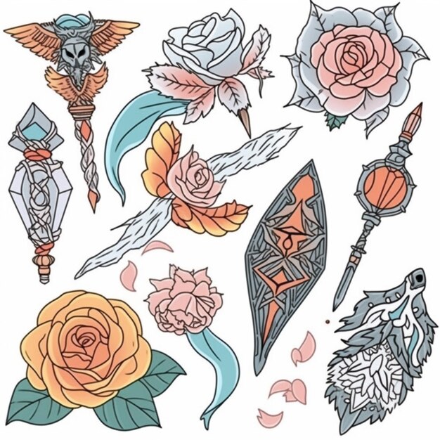 Una serie di tatuaggi colorati diversi con rose e frecce generative ai