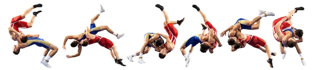 Una serie di trucchi di wrestling alto Due giovani atleti di sesso maschile in calzamaglia di wrestling blu e rosso wrestling su uno sfondo bianco