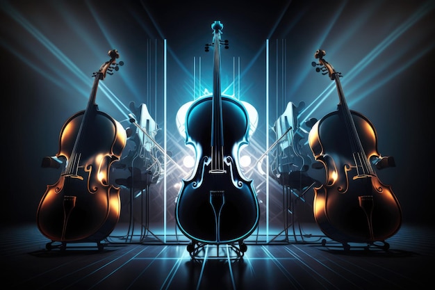 Una serie di violoncelli su un palco da concerto