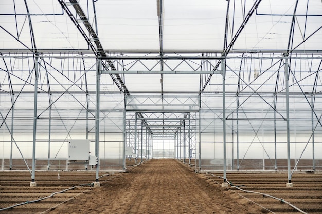 Una serra con terreno fertilizzato e sistema di irrigazione