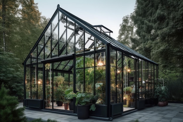 Una serra elegante e moderna con finestre in vetro che mostrano una rigogliosa vita vegetale