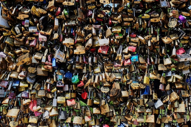 Una serratura di amore su un ponte nella vista frontale di Parigi