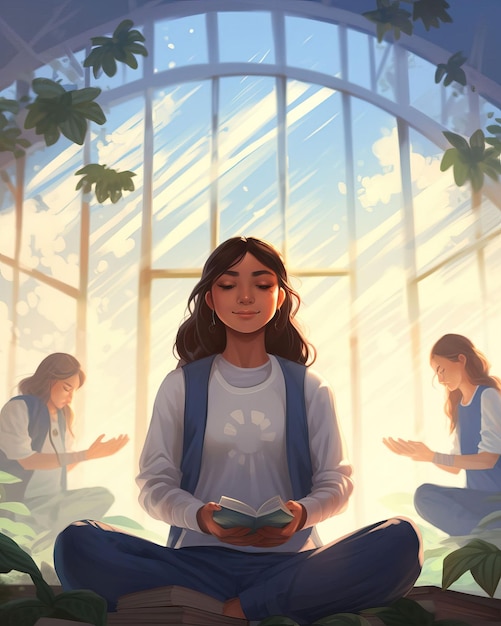 Una sessione di mindfulness pacifica in cui gli studenti meditano in un ambiente sereno e imparano tecniche