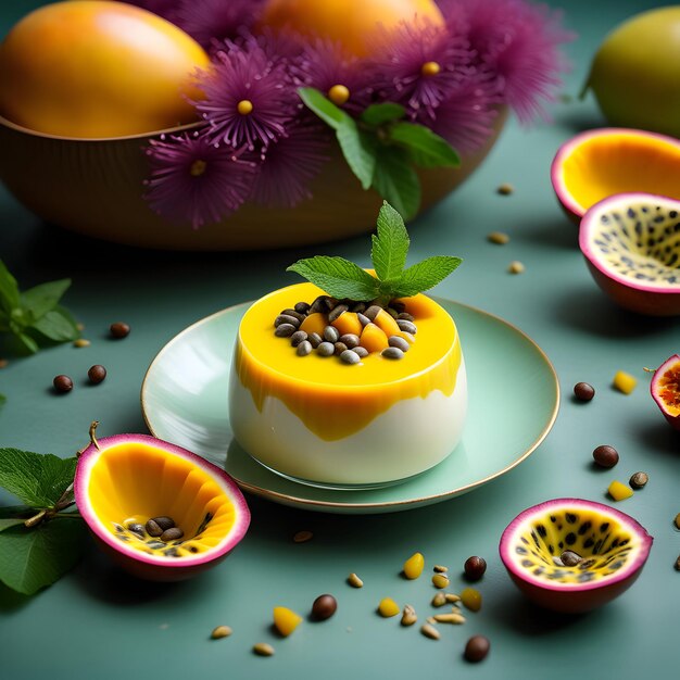 una setosa panna cotta al mango e cocco adornata con vivaci semi di frutto della passione e un rametto di menta