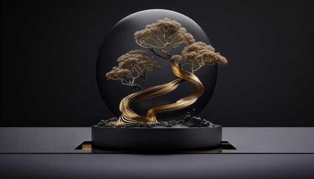 Una sfera a forma di albero bonsai con lamine d'oro sulla parte superiore.