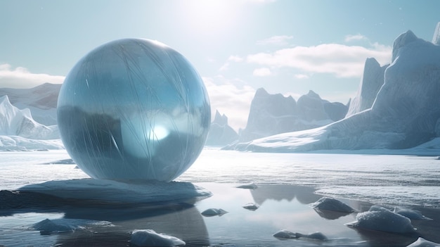 Una sfera blu si trova nell'acqua di fronte a una montagna.