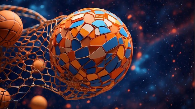 una sfera colorata con un disegno blu e arancione