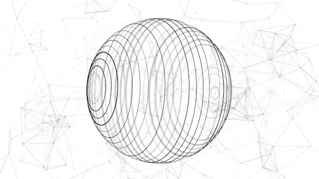 Una sfera con un flusso chiuso di punti e linee Struttura della connessione di rete Visualizzazione di Big Data Rendering 3D