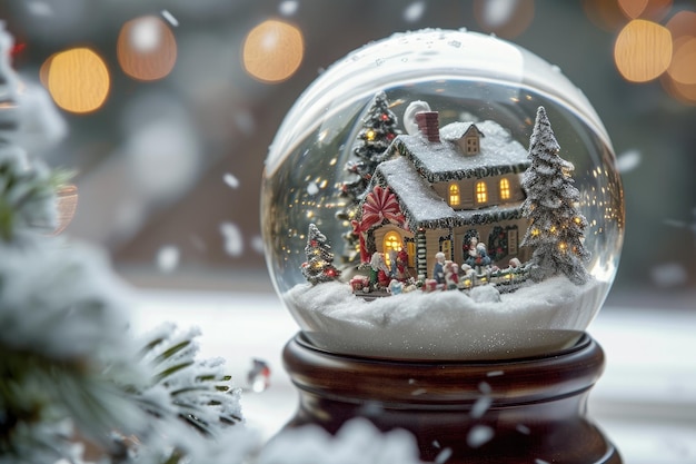Una sfera di neve con una casa in miniatura incapsulata in una sfera di vetro Una sfera de neve onirica con una scena natalizia in miniatura all'interno generata dall'AI