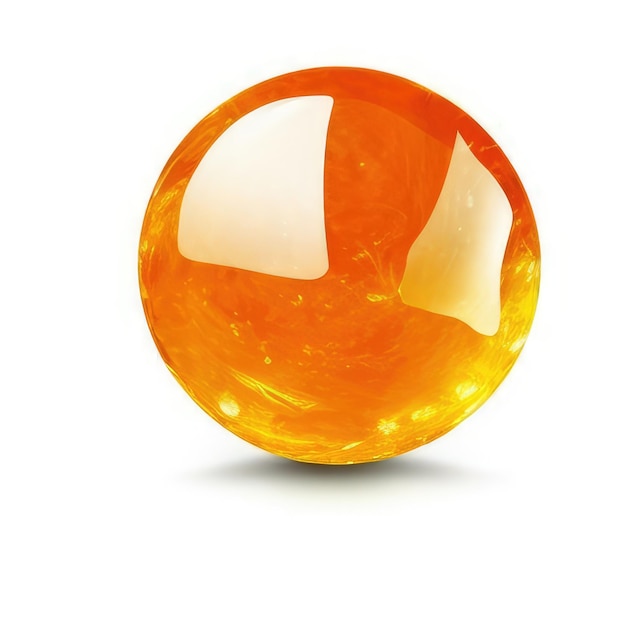 Una sfera di vetro arancione con uno sfondo bianco.