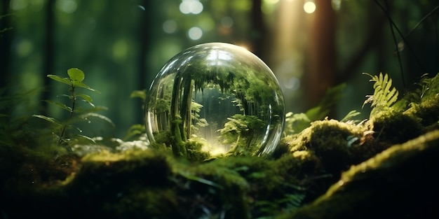 Una sfera di vetro astratta sul pavimento della foresta è un'arte concettuale che cattura l'essenza della natura