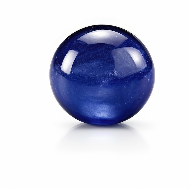 Una sfera di vetro blu con un riflesso del vetro blu.