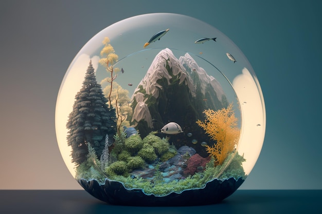 Una sfera di vetro con un paesaggio all'interno e una foresta di alberi e un pesce sul fondo.