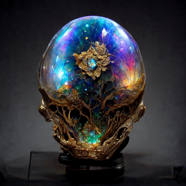 Una sfera di vetro con una base dorata e un fiore sopra.