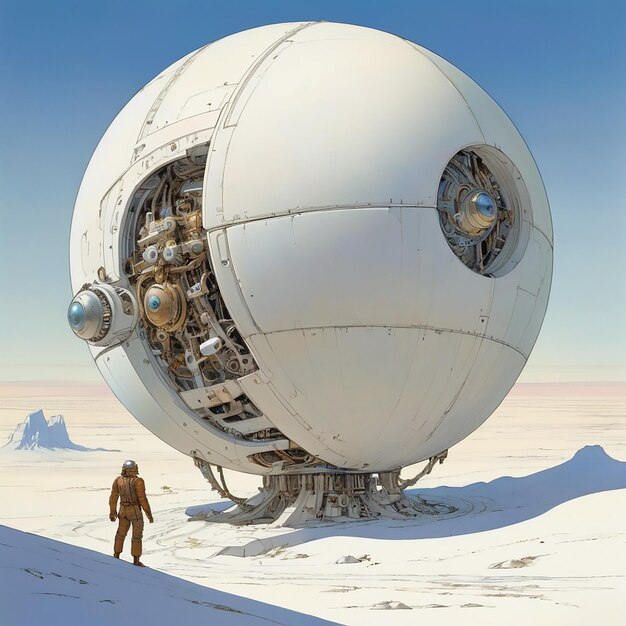 Una sfera meccanica che galleggia sopra un deserto bianco Moebius di leonardo AlbedoBase XL