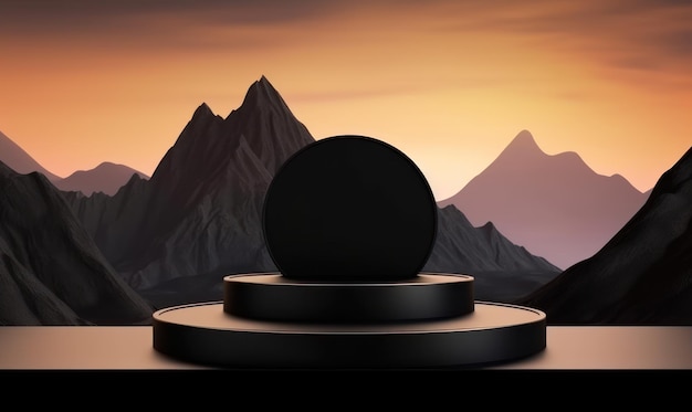 Una sfera nera si trova in cima a una montagna di fronte a un tramonto.