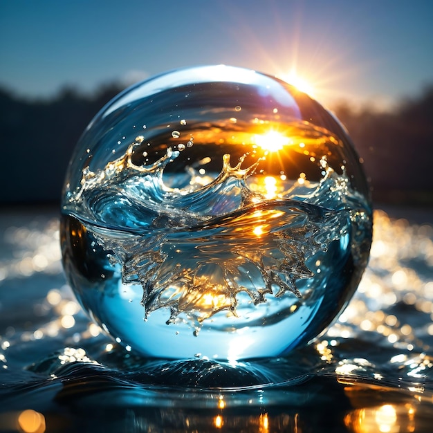 Una sfera vetrosa illuminata da un sole brillante con un vibrante spruzzo d'acqua Ai Generato