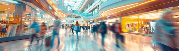 Una sfocatura di movimento di persone che camminano in un centro commerciale