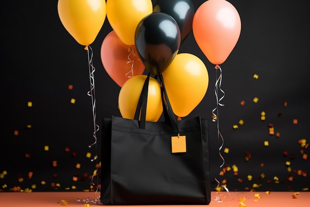 Una shopping bag nera accompagnata da un colorato bouquet di palloncini celebrativi