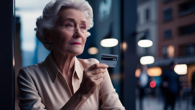 Una signora anziana attraente e pensierosa con una carta di credito.