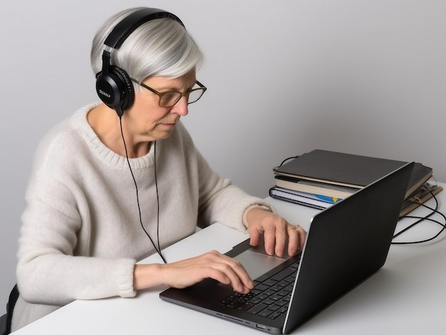 Una signora anziana dai capelli grigi che lavora su un laptop supporta l'intelligenza artificiale generativa