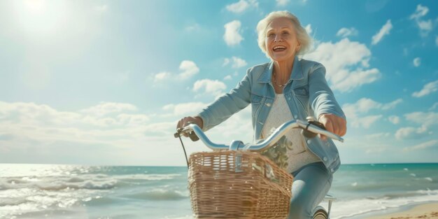 Una signora anziana fa un giro in bicicletta sulla costa.