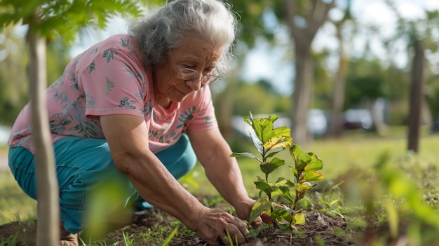Una signora anziana pianta con tenerezza delle piantine in un parco un'espressione serena sul suo viso che incarna lo spirito di crescita e di gestione della natura