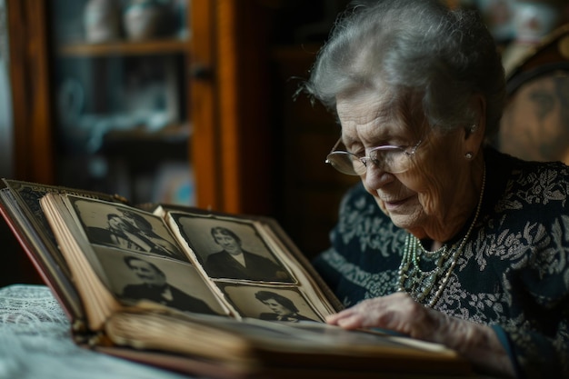 Una signora anziana rivive i ricordi sfogliando un vecchio album di famiglia