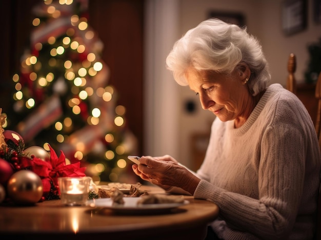 Una signora anziana si siede al tavolo di Natale e guarda il suo telefono