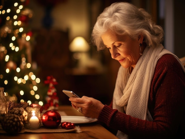 Una signora anziana si siede al tavolo di Natale e guarda il suo telefono