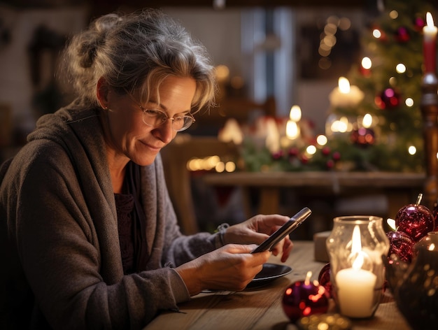 Una signora anziana si siede al tavolo di Natale e guarda il suo telefono