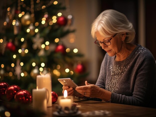 Una signora anziana si siede al tavolo di Natale e guarda il suo telefono