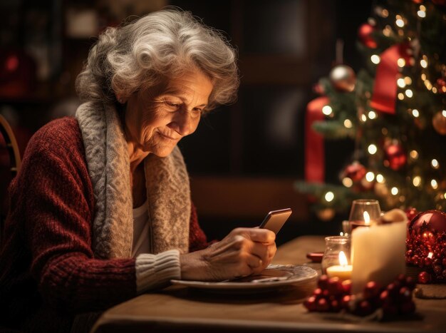 Una signora anziana si siede al tavolo di Natale e guarda il suo telefono