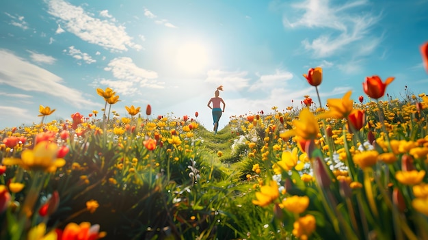 una signora che corre su una montagna tra tulipani e girasoli