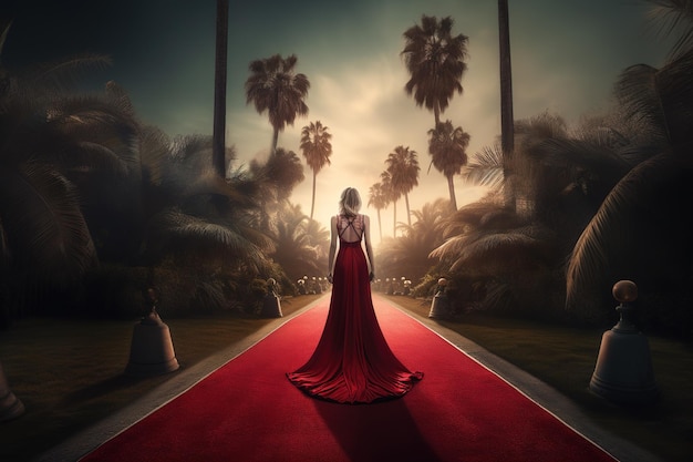 una signora che indossa un abito rosso in posa su un tappeto rosso