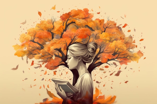 Una signora con un libro sull'albero d'autunno L'opera d'arte surreale concettuale è una nozione nell'arte che combina l'istruzione, l'ispirazione, la creatività e la natura Illustrazione delle foglie