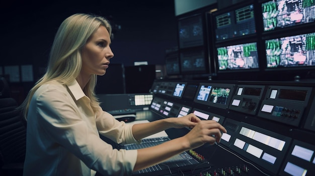 Una signora di mezza età gestisce apparecchiature nella sala di controllo di una stazione televisiva utilizzando l'IA generativa