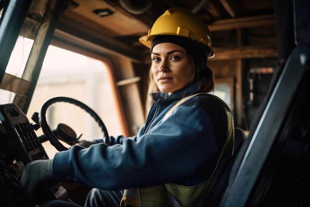 Una signora sicura con un casco da costruzione che guida macchinari pesanti e sostiene l'uguaglianza di genere incarna la resilienza e la capacità.