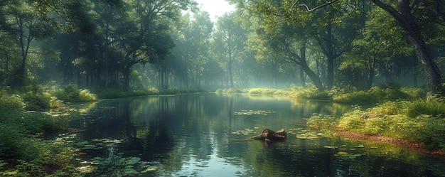 Una silenziosa laguna boscosa con una carta da parati simile a uno specchio