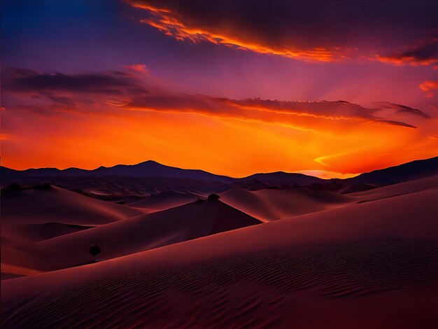 Una silhouette di dune desertiche contro i colori sorprendenti del cielo all'alba generati da ai